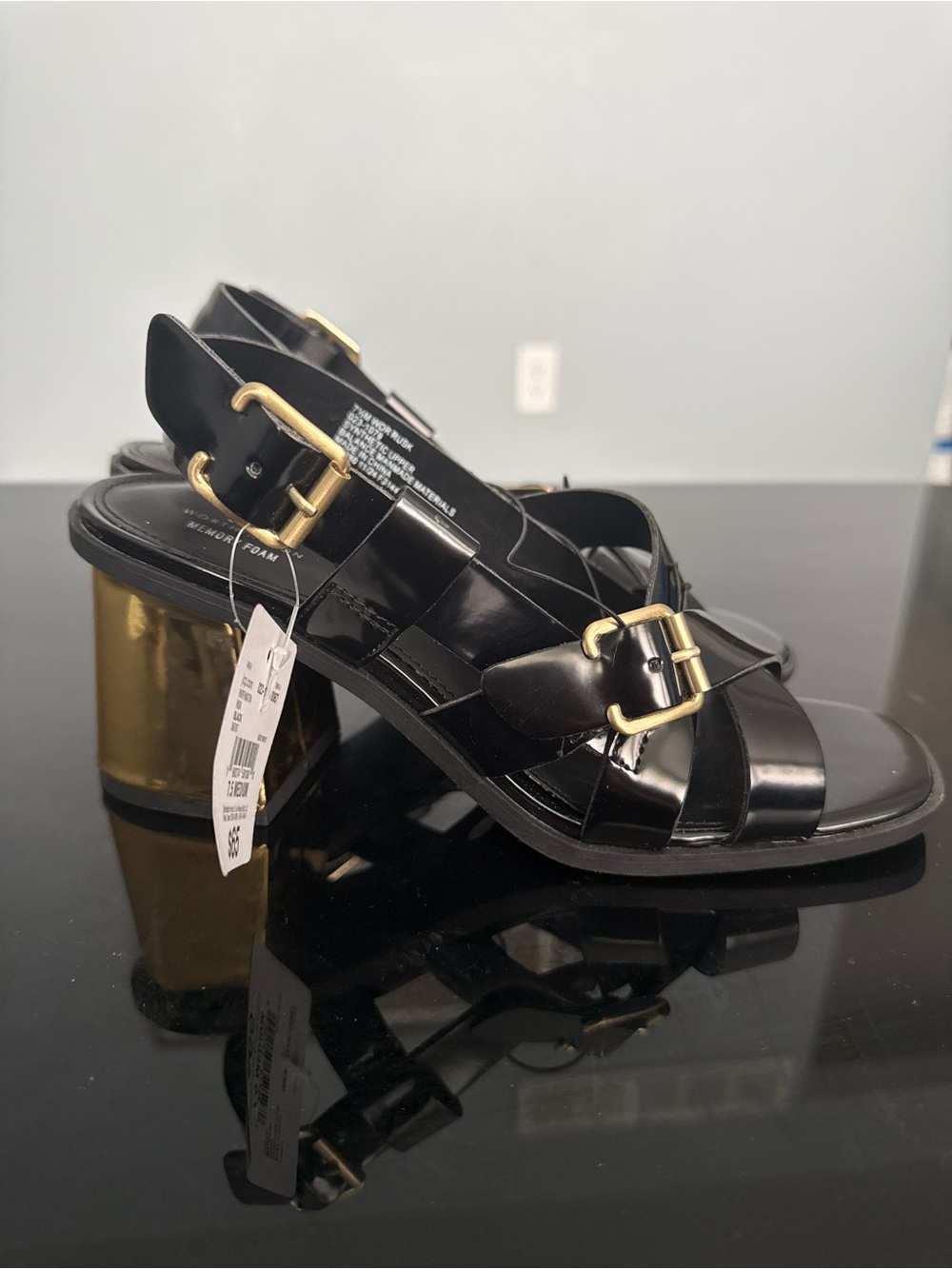 Black Patent Leather Buckle Block Heel Sandals